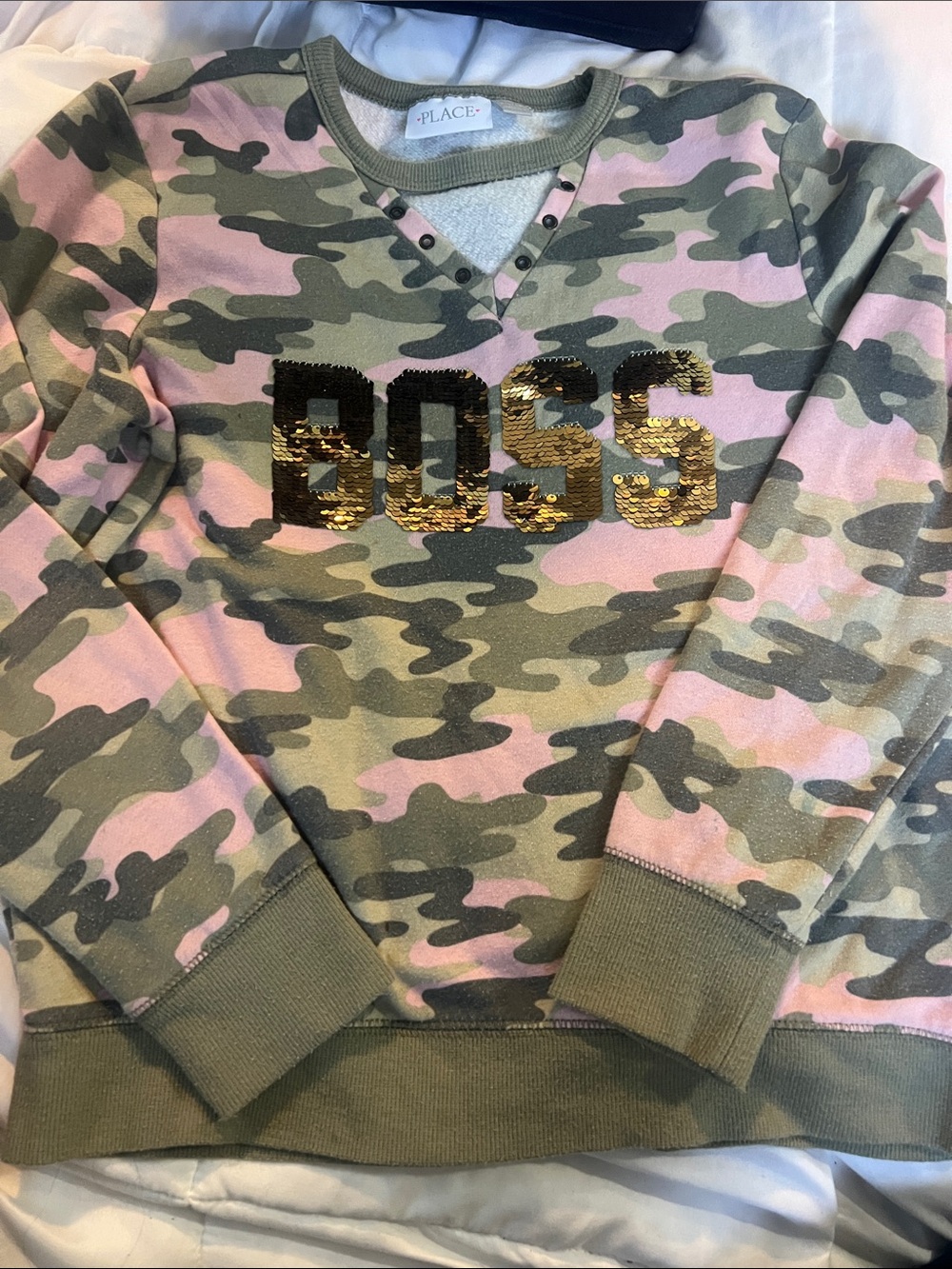 The Children's Place Pink & Olive Camo Sequin BOSS Sweatshirt